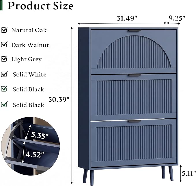 Xixini Shoe Storage Cabinet with 3 Flip Drawers, 50" Tall Narrow Wood Fluted Shoe Organizer for Entryway, Freestanding Wooden Hidden Slim Shoe Rack for Front Door Entrance, Hallway, Foyer, Navy Blue