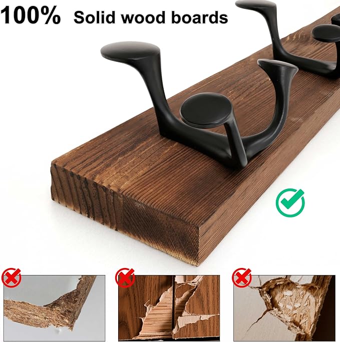 WEBI Coat Rack Wall Mount,36" Solid Wood Coat Hooks Wall Mounted Coat Hanger,16" Hole to Hole,Heavy Duty Hook Rack,6 Triple Hooks for Hanging Coats,Jacket,Hat,Backpack,Farmhouse,Brown,2 Packs