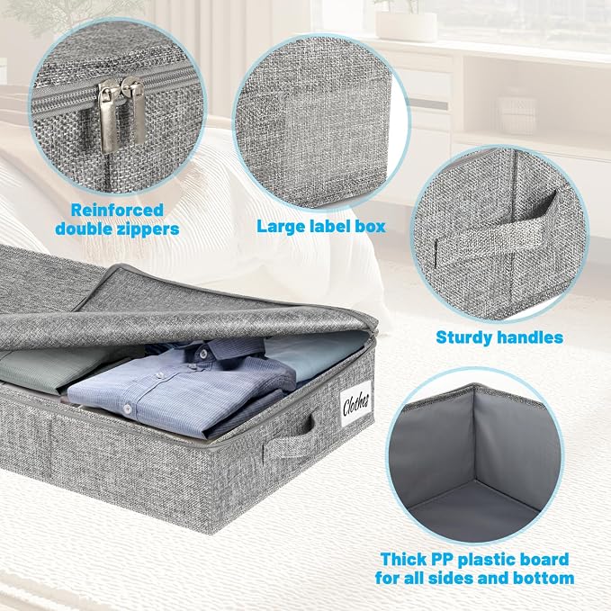 Under Bed Storage Container Bins 4 Pack, 4 Inch Thin Low Profile Underbed Clothes Storage Organizer for Dorm & Home, Use for Blanket and Toy Storage Box W/ Sturdy Bottom/Sides, Foldable Thick Fabric