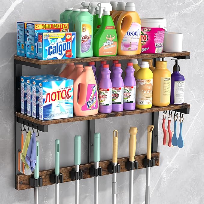 Housolution Wall Mount Broom Holder Laundry Room Storage Organizer Shelves | 2 Tier Large Capacity, Thickened Metal Frame, 100 LBS High Load-Bearing, Multifunctional with 7 Grippers & 8 Hooks