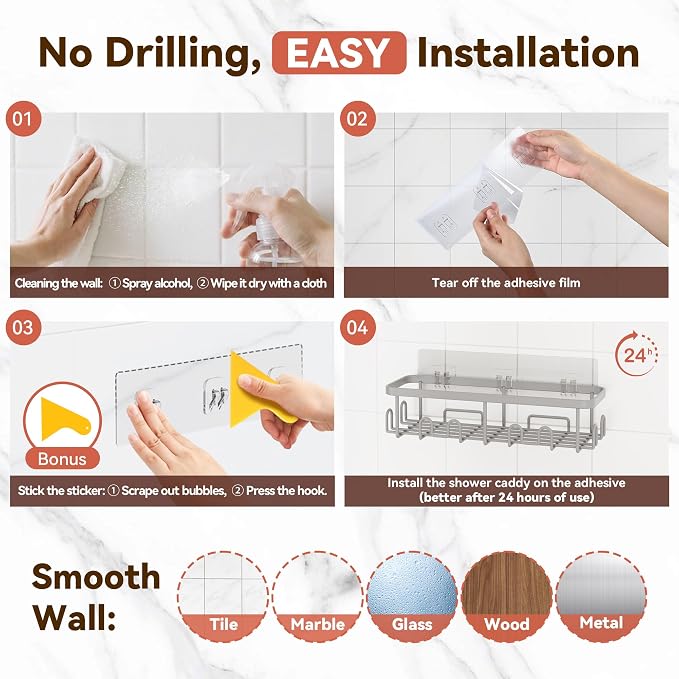 YASONIC Shower Caddy Adhesive, 100% Rustproof Shower Organizer with Soap and Toothbrush Holder, Large Capacity Shower Shelves for Inside Shower, No Drill Shower Storage for Home (5 Pack Grey)