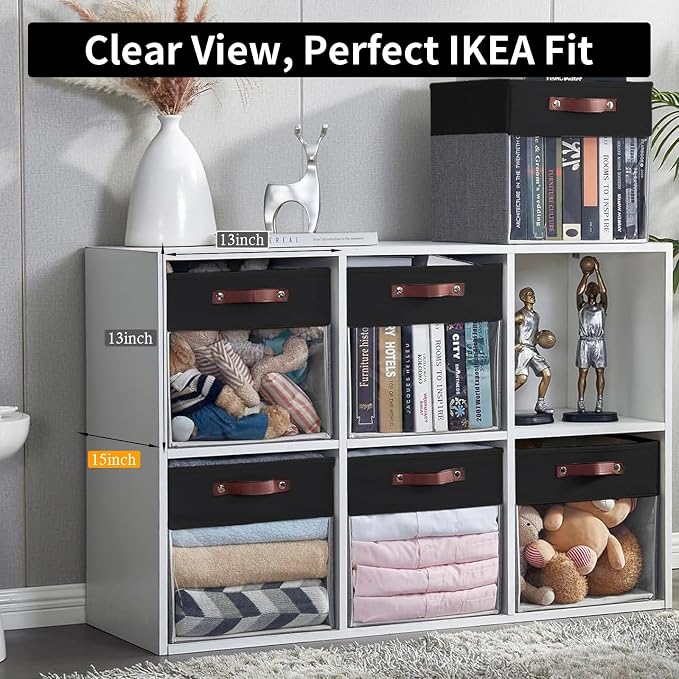 Storage Cubes, 4 Pack Linen Foldable Storage Bins with Clear Window and 2 Handles, 13x15x13 Storage Cube Bins for Shelf Closet, Kallax, Clothes, Books - (Gray / Black)