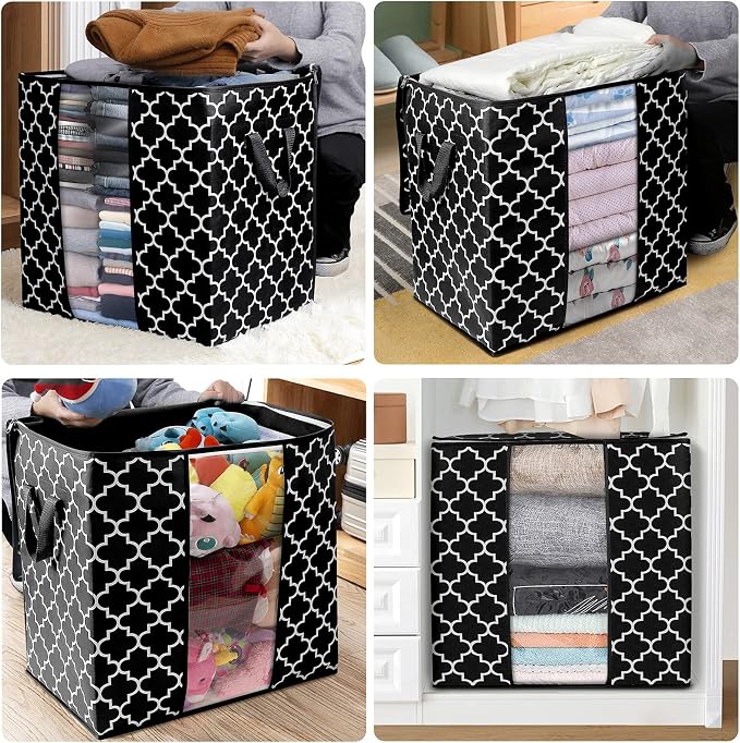 WISELIFE Storage Bags 6 Pack/100L Large Blanket Clothes Organization and Storage Containers for Comforters,Bedding, Foldable Organizer with Reinforced Handle, Clear Window, Sturdy Zippers,Black