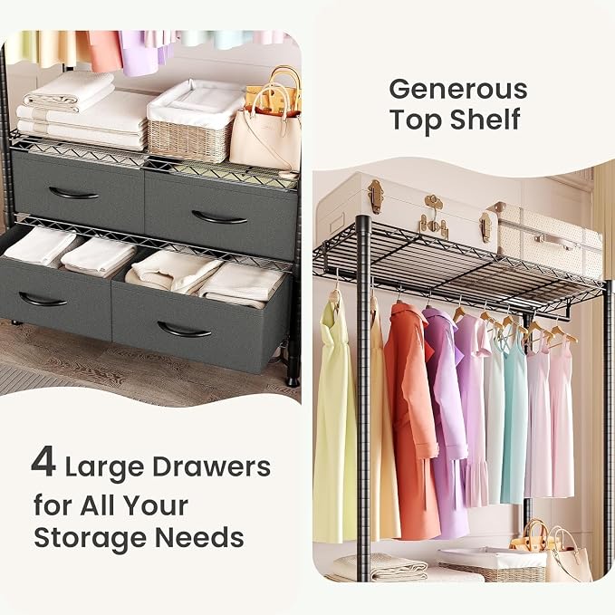 Portable Closet with Drawers Clothes Racks for Hanging Clothes | Freestanding closet organizer Sturdy structure Space saving Orgnizer Easy to assemble