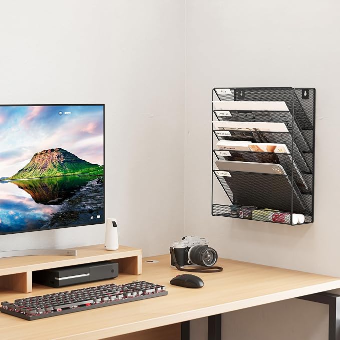 EasyPAG 5 Tier Wall File Holder, Mesh Hanging Folder Organizer with Classify Label, Versatile Desk File Holder, Vertical Wall Mounted Mail Organizer for Office Home Cubicle, Black
