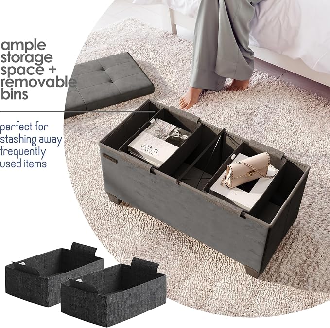 Storage Ottoman Bench with Bins, 30-in Storage Bench for Bedroom End of Bed, Folding Foot Rest Ottoman for Living Room Max 660lbs, Velvet Ottomans, Grey
