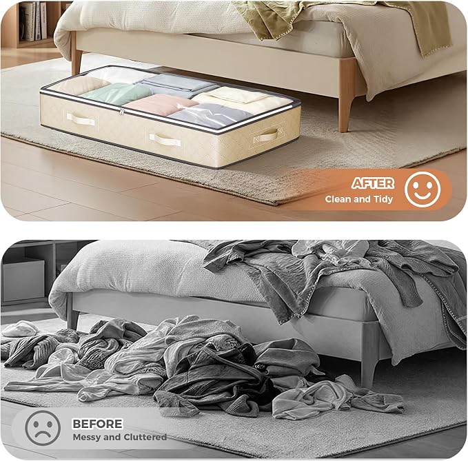Budding Joy 90L Underbed Storage Containers, 4 Pack Closet Organizers Beige | Storage bins, foldable underbed storages bags for blankets, comforter, sweaters, pillows, linen sheets, wrapping paper