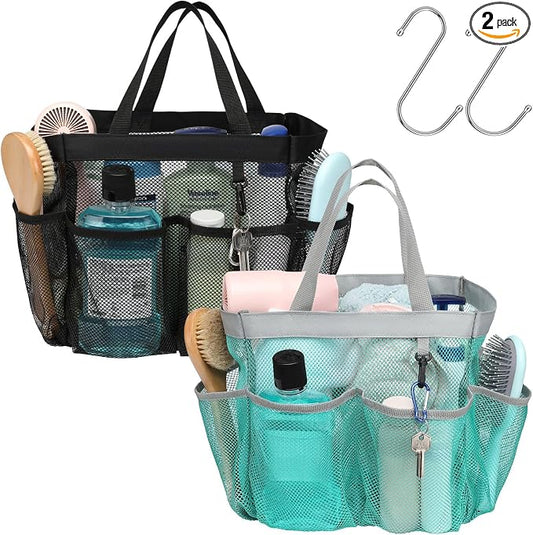 Mesh Shower Caddy Portable - 2 Packs, S-Hook, Shower Bag for Dorm Camping | 8 Pockets, 2-Handle, Quick-Dry, Hanging College Dorm Room Essentials for Girls, Gym, Travel & Bathroom, Black & Mint Green