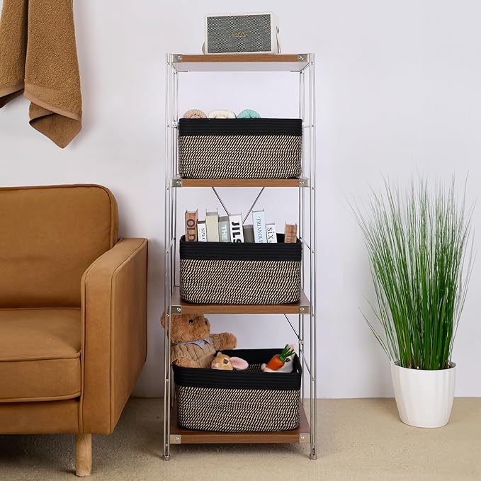 MiniArk Large Storage Baskets for Shelves, 17 x 13 x 7.5” Closet Organizers Bins for Clothes Blanket Towels, Baby Nursery, Toy Baskets Box, Woven Rope Baskets, 3 Packs Woven Brown