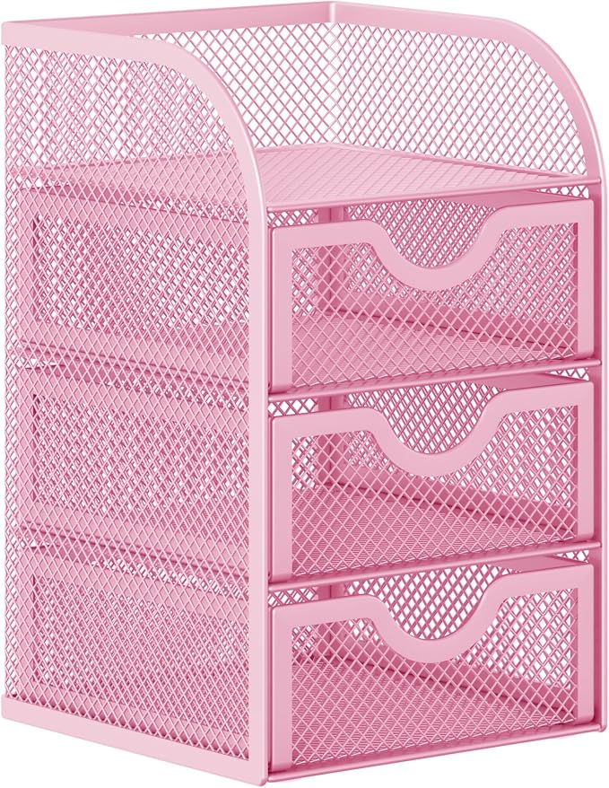 EasyPAG Mesh Desk Organizer with 3 Drawer Office Desktop Organizers and Accessories Stationery Caddy for Office, Home, Students, Pink