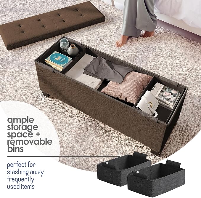 Storage Ottoman Bench with Bins, 43-in Storage Bench for Bedroom End of Bed, Folding Foot Rest Ottoman for Living Room Max 660lbs, Fabric Ottomans, Brown