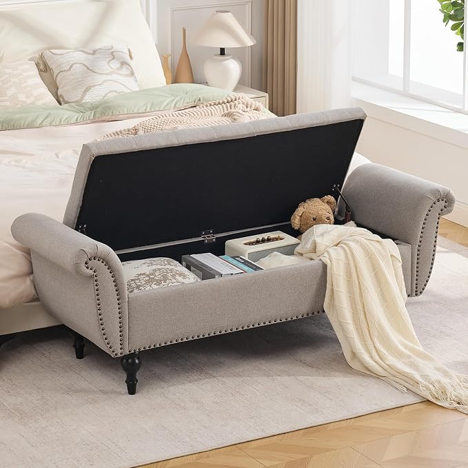 63.8" Storage Bench for Bedroom Rolled Arm Ottoman 700 Lb Linen Light Khaki | Premium Linen End of Bed Bench Elegant Upholstered Ottoman with Hidden Storage Entryway Shoe Bench Window Seat