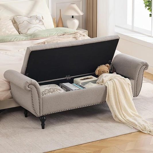 63.8" Storage Bench for Bedroom Rolled Arm Ottoman 700 Lb Linen Light Khaki | Premium Linen End of Bed Bench Elegant Upholstered Ottoman with Hidden Storage Entryway Shoe Bench Window Seat