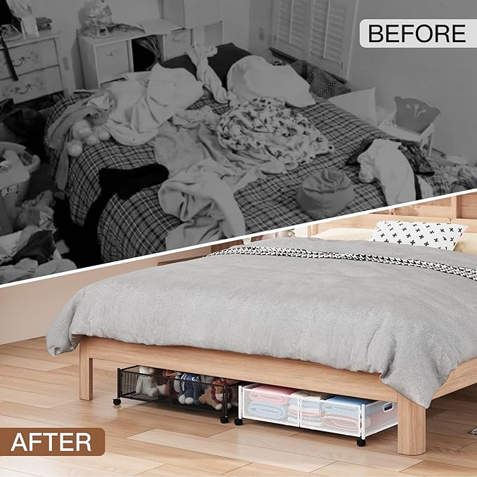 Gawerk Under Bed Storage with Wheels, Foldable Metal Mesh Underbed Storage Container Bins, Tool-free Assembly Clothes Drawer Organizer, 2Pack