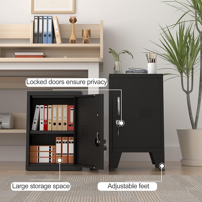 PAOFIN 24.4" H Black Metal NightStand Locker Storage Cabinet with 1 Doors, File Cabinet with Shelves, Storage Cabinet with Adjustable Leveling Foot for Home Office Living Room or Bed Room