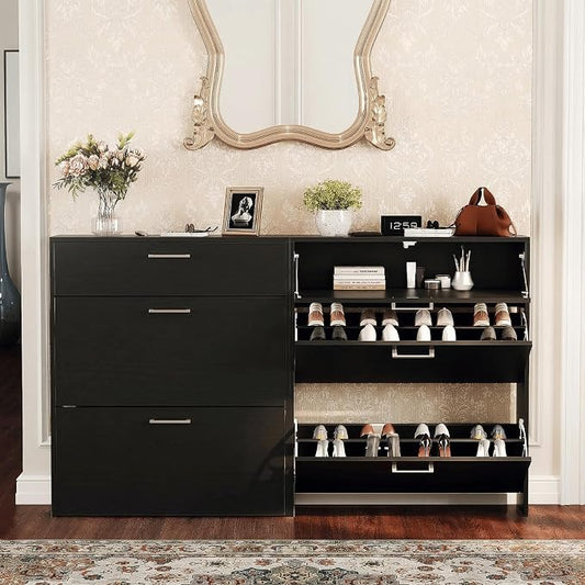 VINGLI Set of 2 Black Shoe Cabinet for Entryway, 2-Pack 31.5" W Extra Wide Slim Shoe Organizer with 2 Flip & 1 Drop-Down Drawers, Modern All-Black Shoes Rack, Narrow Freestanding Cabinet for Hallway