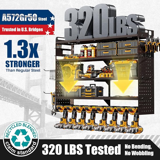 Large 5-Tier Power Tool Organizer Wall Mount, 320lbs Load Capacity Garage Storage Rack with 8 Drill Holders, 34" Heavy Duty Metal Utility Shelf, Holds Over 30 Tools for Garage Workshop