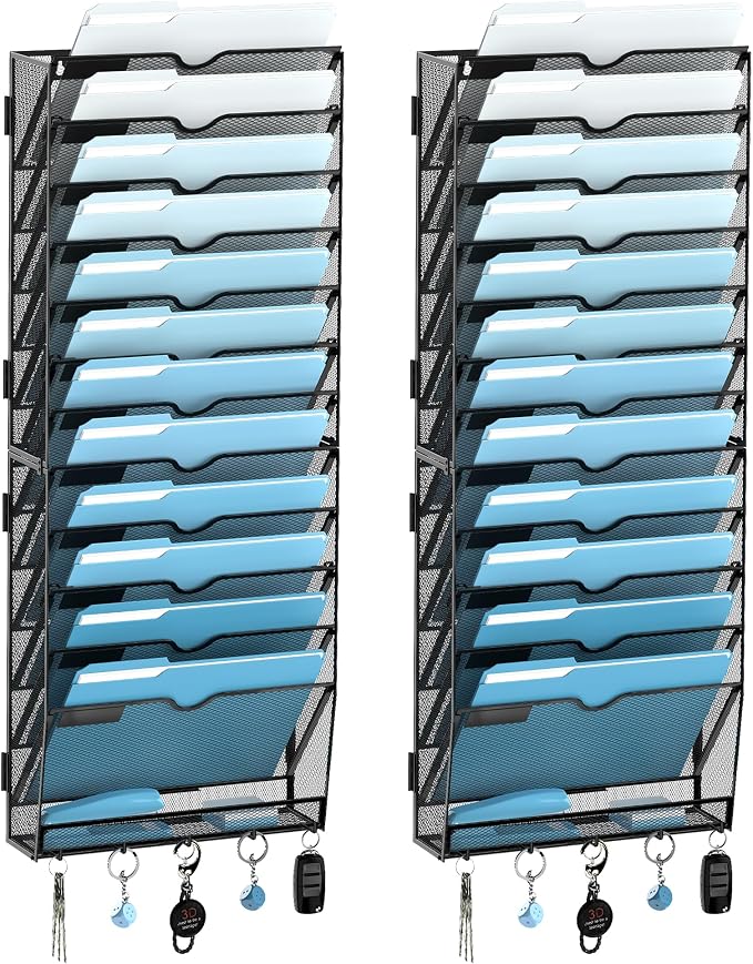 SUPEASY 13-Tier Hanging Wall File Organizer with Hooks, 2 Pack | Mesh Wall File Holder, Mail Organizer Wall Mounted for Papers, Documents, Folders and Magazines in Home Office, Classroom