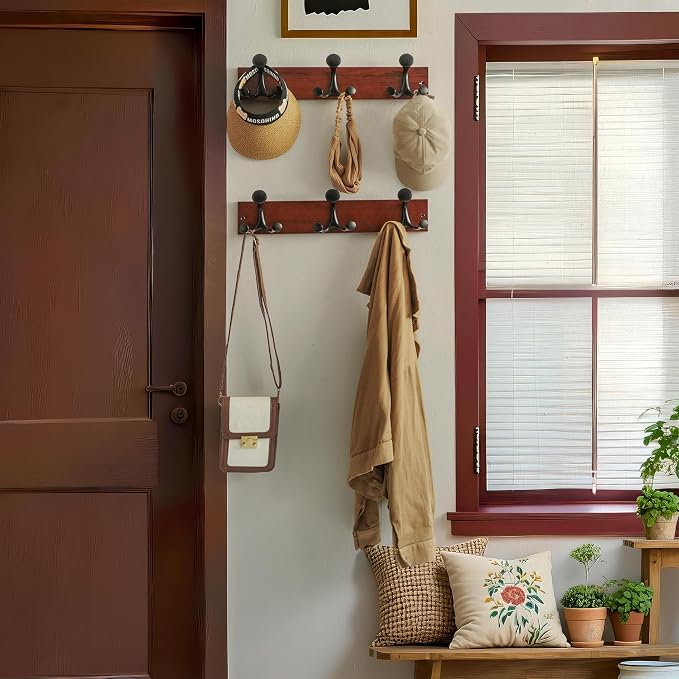 WEBI Coat Rack Wall Mount,17" Solid Wood Coat Hooks Wall Mounted Coat Hanger,16" Hole to Hole,Heavy Duty Hook Rack Rail,3 Triple Hooks for Hanging Coats,Jacket,Clothes,Hat,Backpack,Cherry