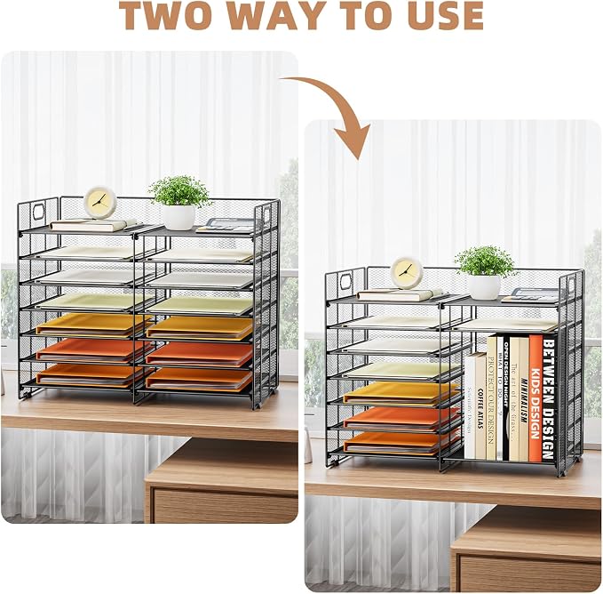 Marbrasse 12 Slots Desktop Literature Organizer, 7-Tier Mesh Paper Organizer for Desk, Adjustable Mail File Sorter Tray with Handle, Desktop Classroom Mailbox Cabinet for Office Home School, Black