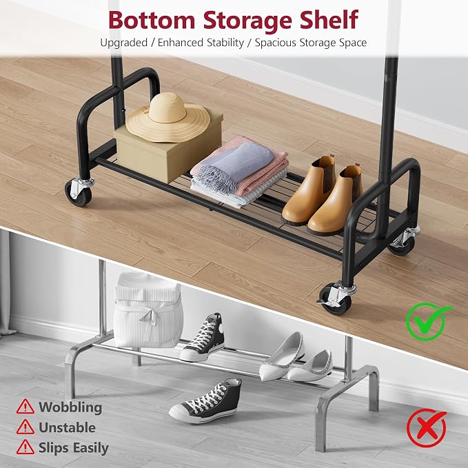 Clothes Rack with Shelf, Adjustable Heavy Duty Load 300 LBS, Black | Rolling Clothing Rack with Extendable Rod, Commercial Portable Garment Rack with Wheels for Bedroom, Laundry Room