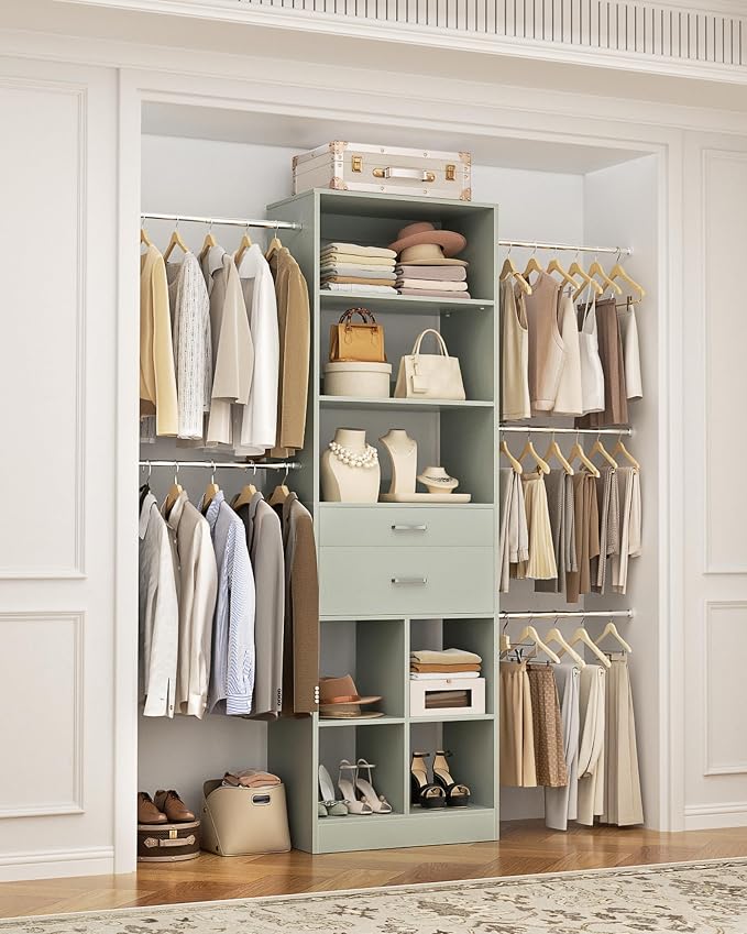 Besiost Small Closet System, 3.2-6.8FT Small Closet Organizer with 2 Drawers & 5 Hanging Rods, Can Fit 37.5 to 81.9 inch Walk-in Closet System, Built-in, Crab Green