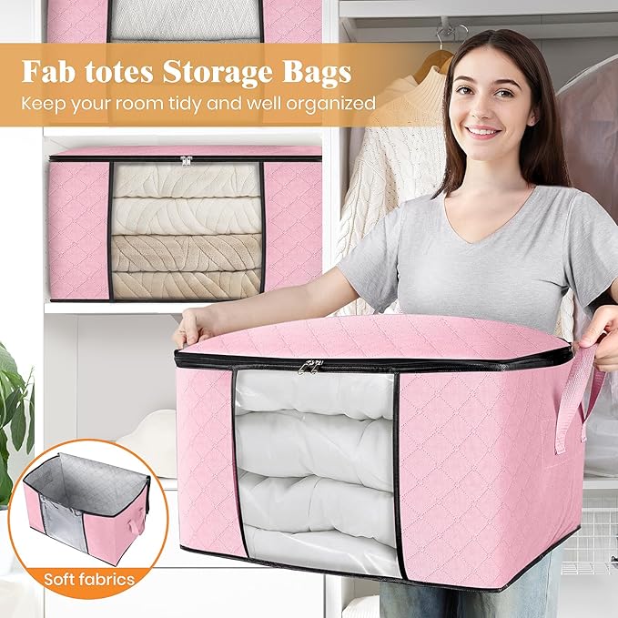 Fab totes 4 Pack Clothes Storage, Foldable Thick Fabric Blanket Storage Bags, Containers for Organizing Bedroom, Closet, Clothing, Comforter, Organization with Handle,Pink
