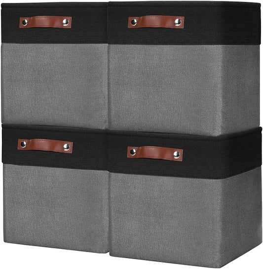 Bagnizer Collapsible Fabric Storage Cubes 11x11 Cube Storage Bins, 4 Pack Closet Baskets Box with Handles for Organizing, Shelf, Toys, Clothes, Home, Office, Nursery (Grey&Black)