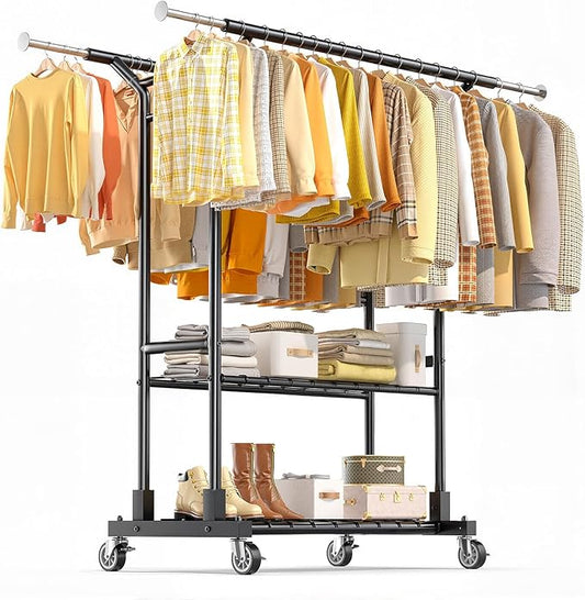 Luxspire Double Rod Clothing Racks for Hanging Clothes Load 650 LBS, Black | Zinc-iron alloy frame, 2-tier sturdy shelves, lockable silent wheels, adjustable extendable rods for bedroom & laundry room