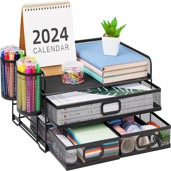 Marbrasse 3 Tier Desk Organizer with Drawer and 2 Pen Holder, Black | Paper Tray Organizer, File Holder for Desk, Metal Mesh Office Organization for Home Office Supplies