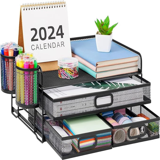 Marbrasse 3 Tier Desk Organizer with Drawer and 2 Pen Holder, Black | Paper Tray Organizer, File Holder for Desk, Metal Mesh Office Organization for Home Office Supplies