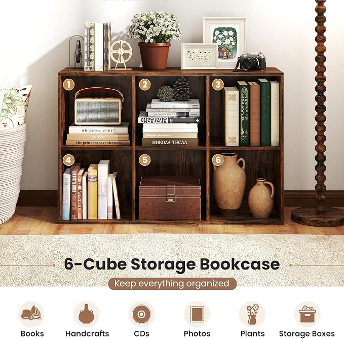 Giantex 6-Cube Bookcase, 3-Tier Cubby Bookshelf, Horizontal Vertical Display Rack with Anti-Tipping Kits, Modern Storage Organizer Shelf Unit for Living Room, Home Office, Rustic Brown | Horizontal Vertical Display Rack with Anti-Tipping Kits, Modern S...