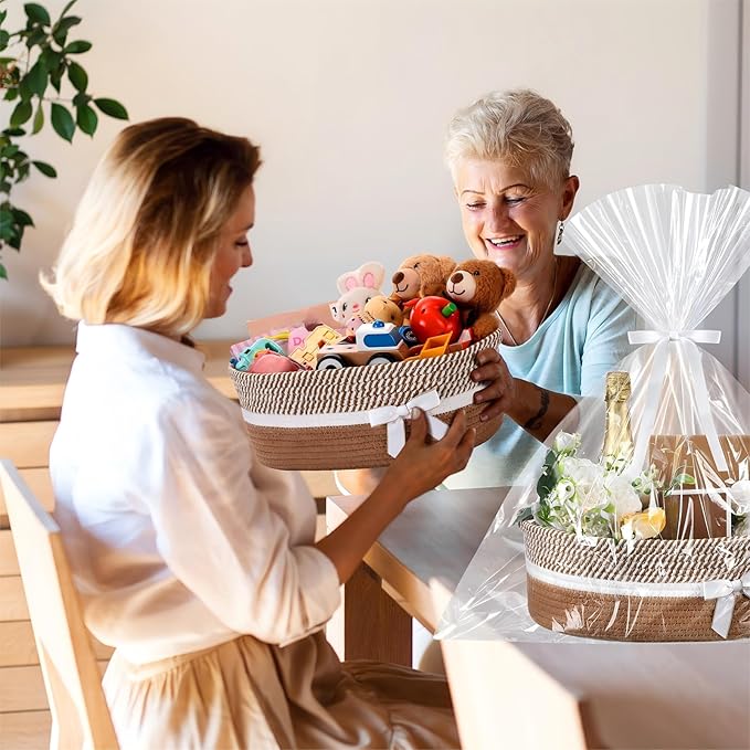 Colingmill 1 Set Woven Empty Basket for Gift,Khaki White | with Cellophane Wrap Set, 14 x 10 x 5.5 Inch, Medium Decorative Gift Basket, Cotton Rope Storage Box, Home Decor