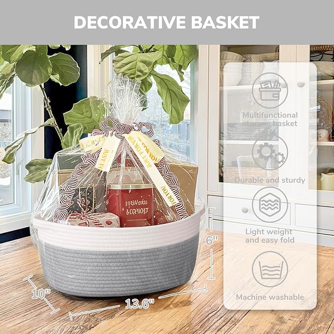 CHICVITA Large Rope Gift Basket Empty with Bags & Ribbon to Fill, Grey | 13.6"x 10" x 6" Woven Gift Basket Empty to Fill for Holiday, Rope Baskets for Organizing, Birthday Basket, Dog Toy Basket