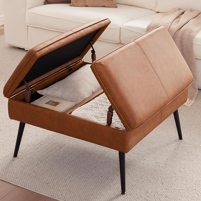 Square Ottoman with Storage Coffee Table Large Upholstered Cognac | Mid-Century Modern Ottoman w/ Double Flip-Lid Metal Legs Padded Seat for Living Room Bedroom, Faux Leather, Loads 660 lbs