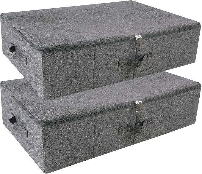 2pcs Rigid Underbed Zip Lid Storage Boxes, Clothes, Blankets Organizer Bins | under the bed/ couch/shelves/closet use, clothing shoes organizer, dustproof, 27.5*15.7*7", 3-side zip lid,folding design