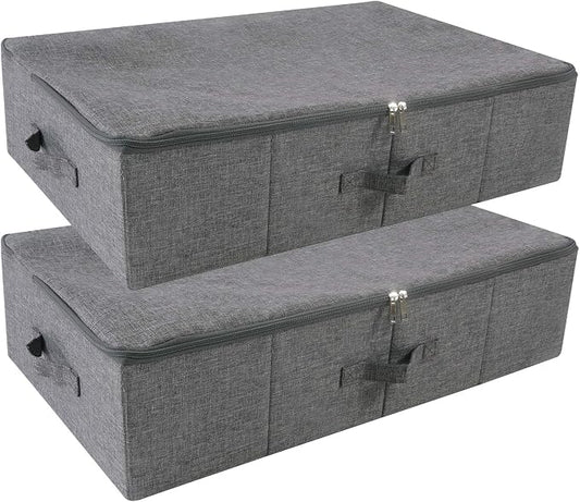 2pcs Rigid Underbed Zip Lid Storage Boxes, Clothes, Blankets Organizer Bins | under the bed/ couch/shelves/closet use, clothing shoes organizer, dustproof, 27.5*15.7*7", 3-side zip lid,folding design