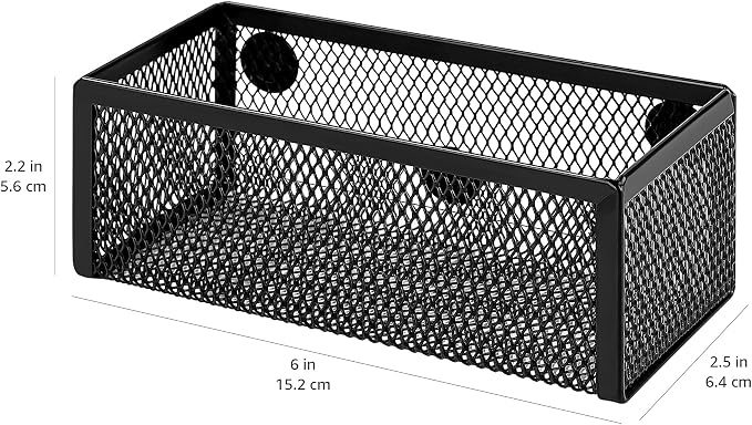 Amazon Basics Magnetic Storage Baskets, Mesh Organizers for Office Supplies and Workspace, 6" x 2.5" x 2.2", Black, 3-Pack
