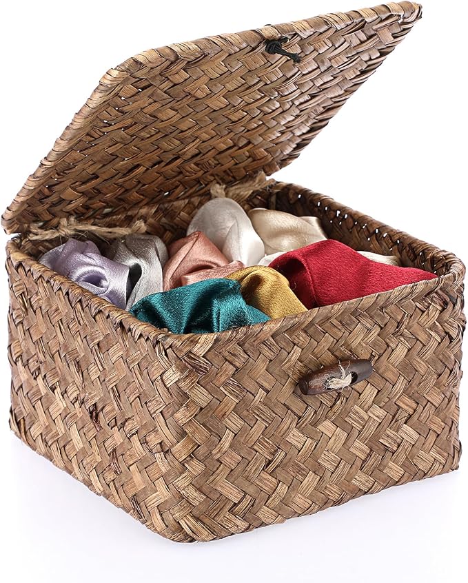 Hipiwe Seagrass Basket Bin with Lid X-Small Handwoven Wicker Storage Basket | Square Decorative Baskets Box for Shelf Multipurpose Household Baskets Organizer for Home Decor