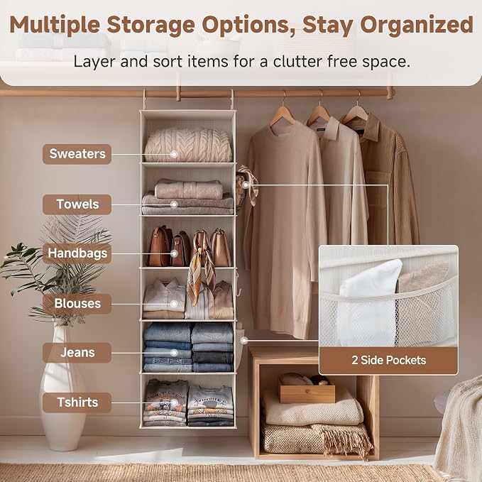 StorageWorks 6-Shelf Jumbo Closet Organizers, Two 3-Shelf Separable Hanging Shelves for Closet, 13 "D x 15" W x 47 ¼" H,Mixing of Beige, White & Ivory