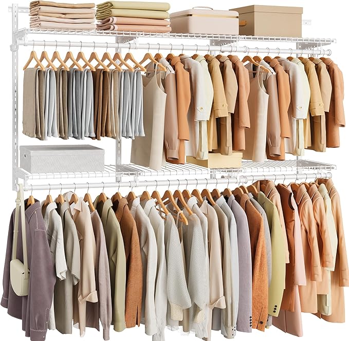 SONGMICS HOME Closet System, Closet Insert Organizer, 4-6 ft, Adjustable Metal Shelving Unit with 6 Hanging Rods, 6 Shelves, and Hooks, for Pantry Mudroom Garage Basement, Cloud White URGR032W01
