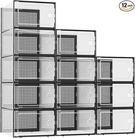 Kuject XX-Large Shoe Storage Boxes 12 Pack, Clear Stackable Shoe Organizer | Shoe Case for Closet, Entryway & Under-Bed Storage, Drop-Front Design, Space-Saving Solution for Family Organization,Black