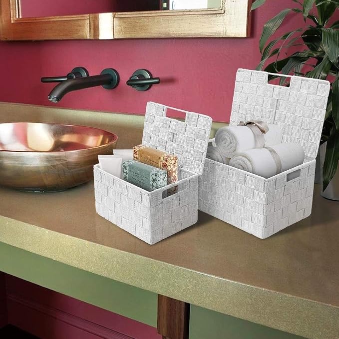 Sorbus Set of 3 Hand-Woven Storage Baskets with Lids – Decorative Wicker Organizers for Home, Closet, or Shelves (White)