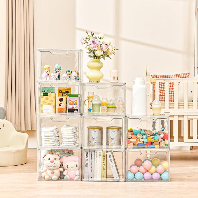 3 Pack Clear Storage Organizers with Lids, Storage Containers with Magnetic Door, Stackable Acrylic Display Case for Cosmetic, Multifunctional Storage Boxes for Dorm, Living Room, Bedroom Storage