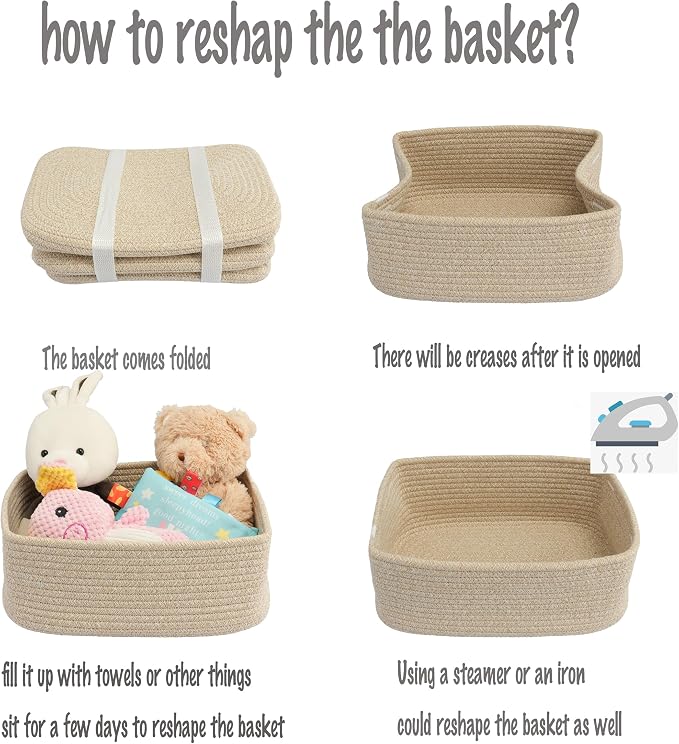 XUANGUO Small Woven Storage Baskets for Shelves, 12" x 8" x 5", Oatmeal | Decorative rope storage bins for closets and toy storage; cute organizer baskets, empty gift baskets and nursery storage.