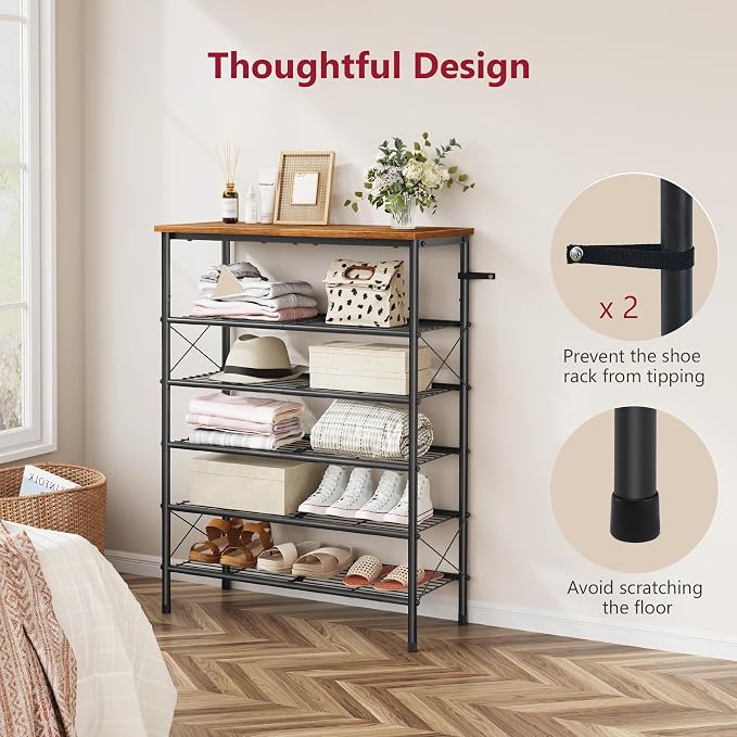 6 Tier Shoe Rack for 20-24 Pairs of Shoes, Rustic Brown & Black | Sturdy & Durable, X Shape Fixed Frame, Metal Mesh Shoe Shelf, Industrial, For Closet, For Entryway Shoe Storage