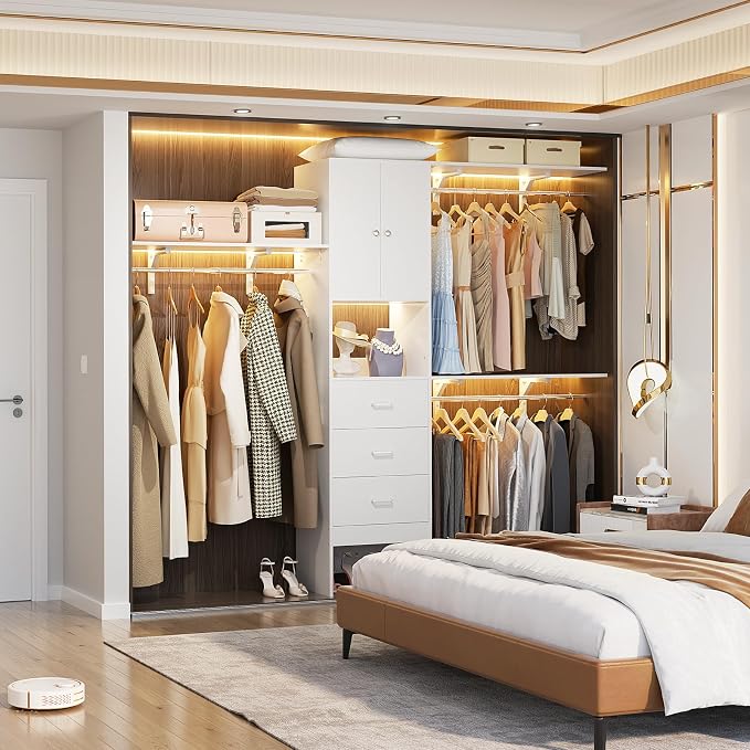 Armocity 96 Inches Closet System with Doors, 8FT Walk In Closet Organizer with 3 Shelving Towers, Heavy Duty Clothes Garment Rack with 3 Wood Drawers, 96" L x 16" W x 80" H, Max Load 1000 LBS, White