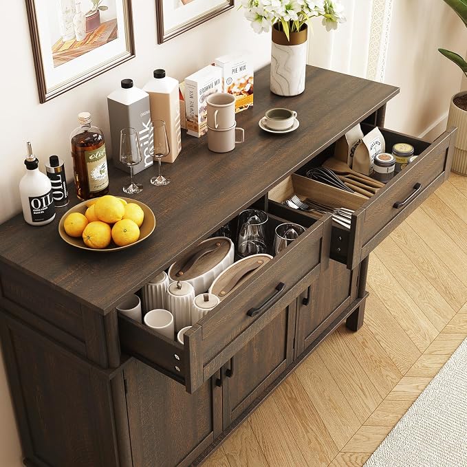 55 Inch Buffet Cabinet with Storage, Farmhouse Sideboard Buffet w/2 Drawers and 3 Doors, Wood Coffee Bar Cabinet with Adjustable Shelves, Sideboard Storage for Kitchen, Living Room, Brown