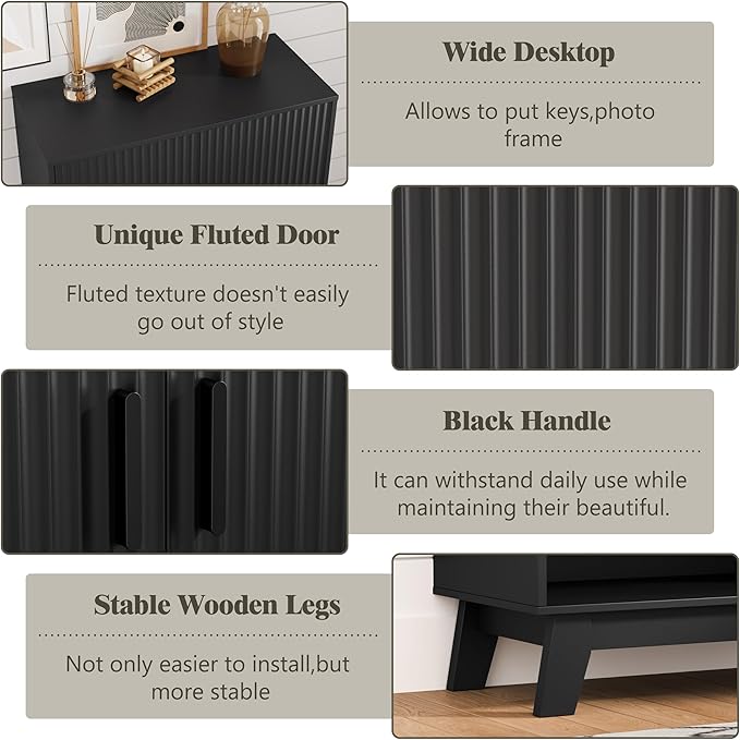 HUANLEGO Shoe Cabinet Storage for Entryway with Doors, Black | 5 Tier Fluted Shoe Organizer with Adjustable Shelves, Shoe Storage with Wooden Legs, Freestanding Shoe Rack for Entryway