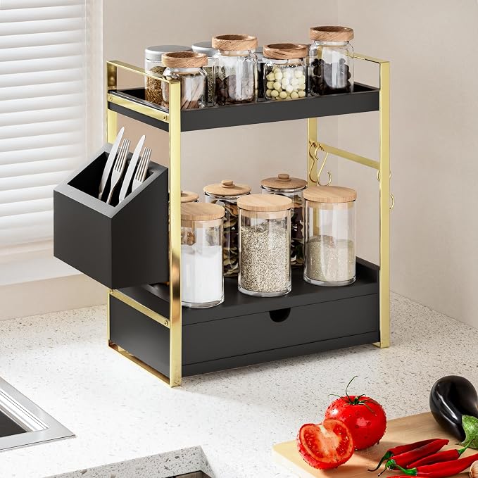2-Tier Bathroom Counter Organizer, Wooden Vanity Shelf with Drawer & Basket | Pre-Drilled Holes, Skincare & Makeup Countertop Organizer and storage, Black-gold